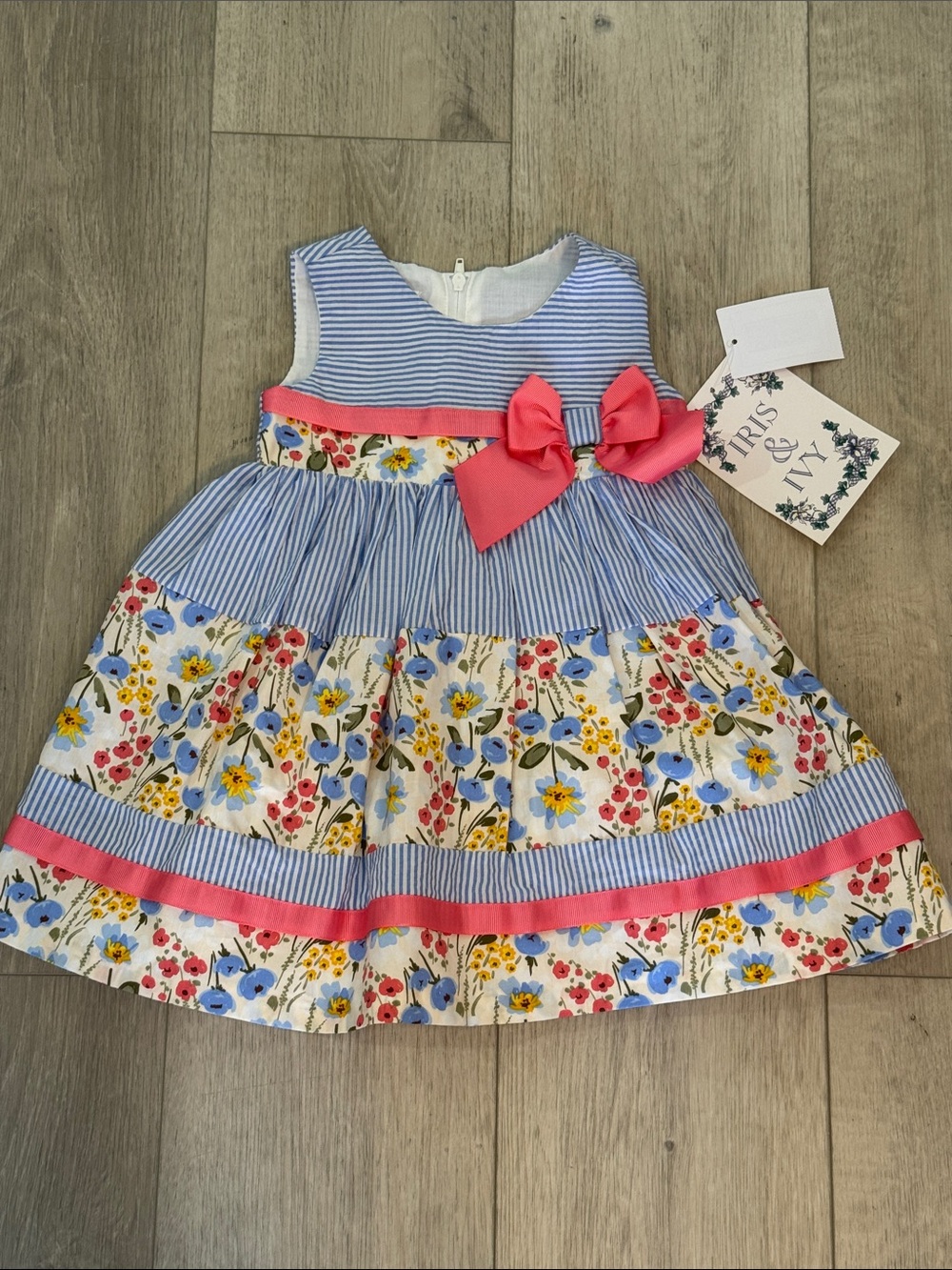 iris & ivy Blue Striped Floral Dress with Pink Bow Accent NWT 12m
